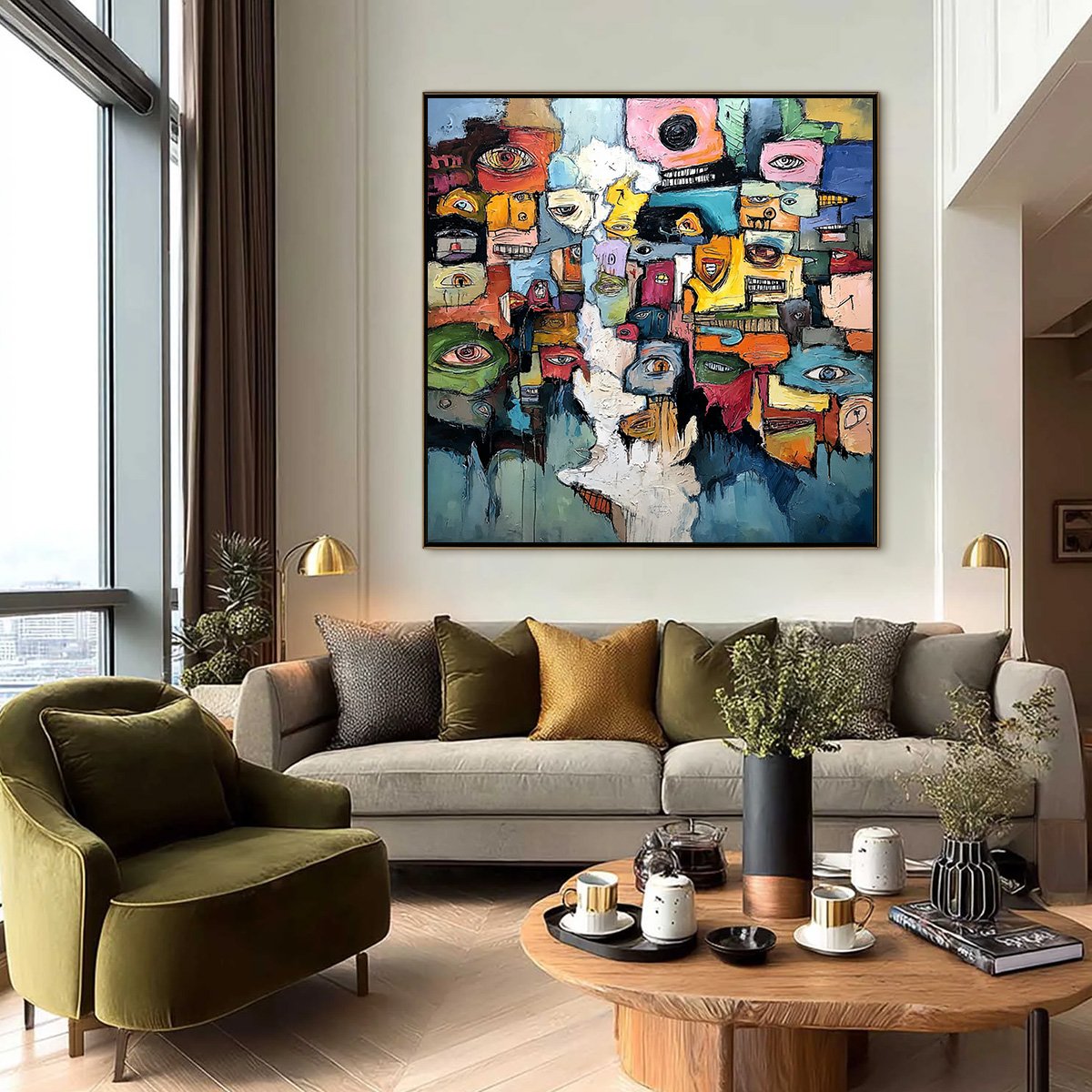 KALEIDOSCOPE OF SOULS: Large Colorful Abstract Faces Oil Painting