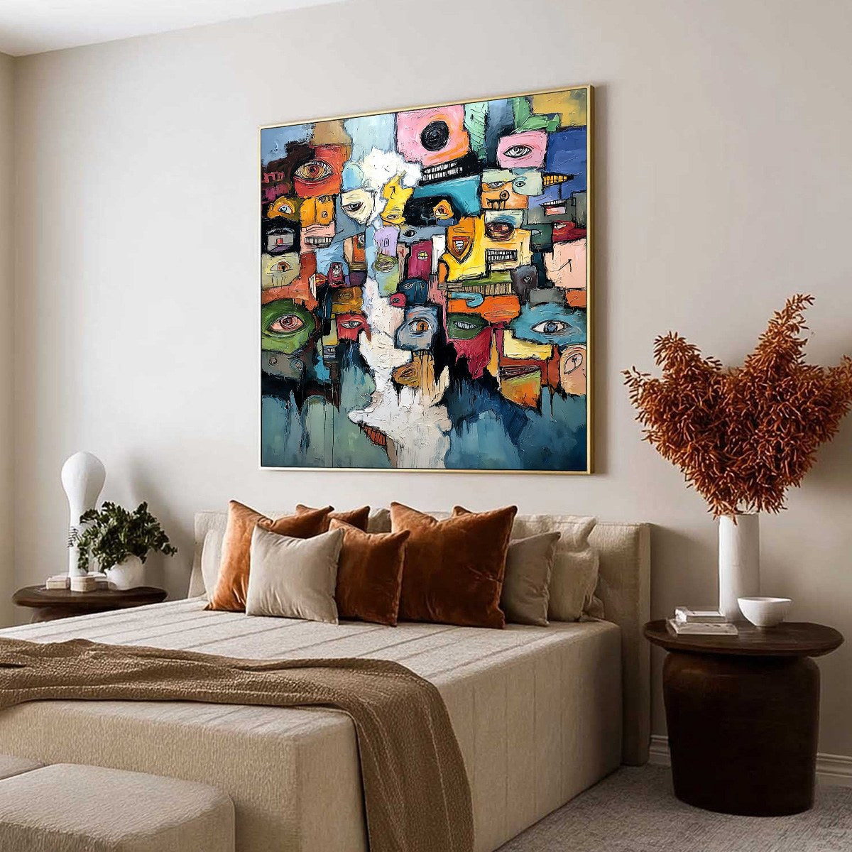 KALEIDOSCOPE OF SOULS: Large Colorful Abstract Faces Oil Painting