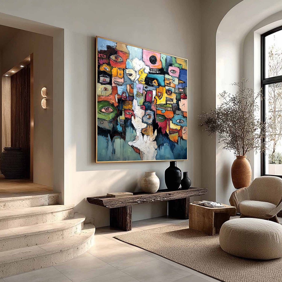 KALEIDOSCOPE OF SOULS: Large Colorful Abstract Faces Oil Painting