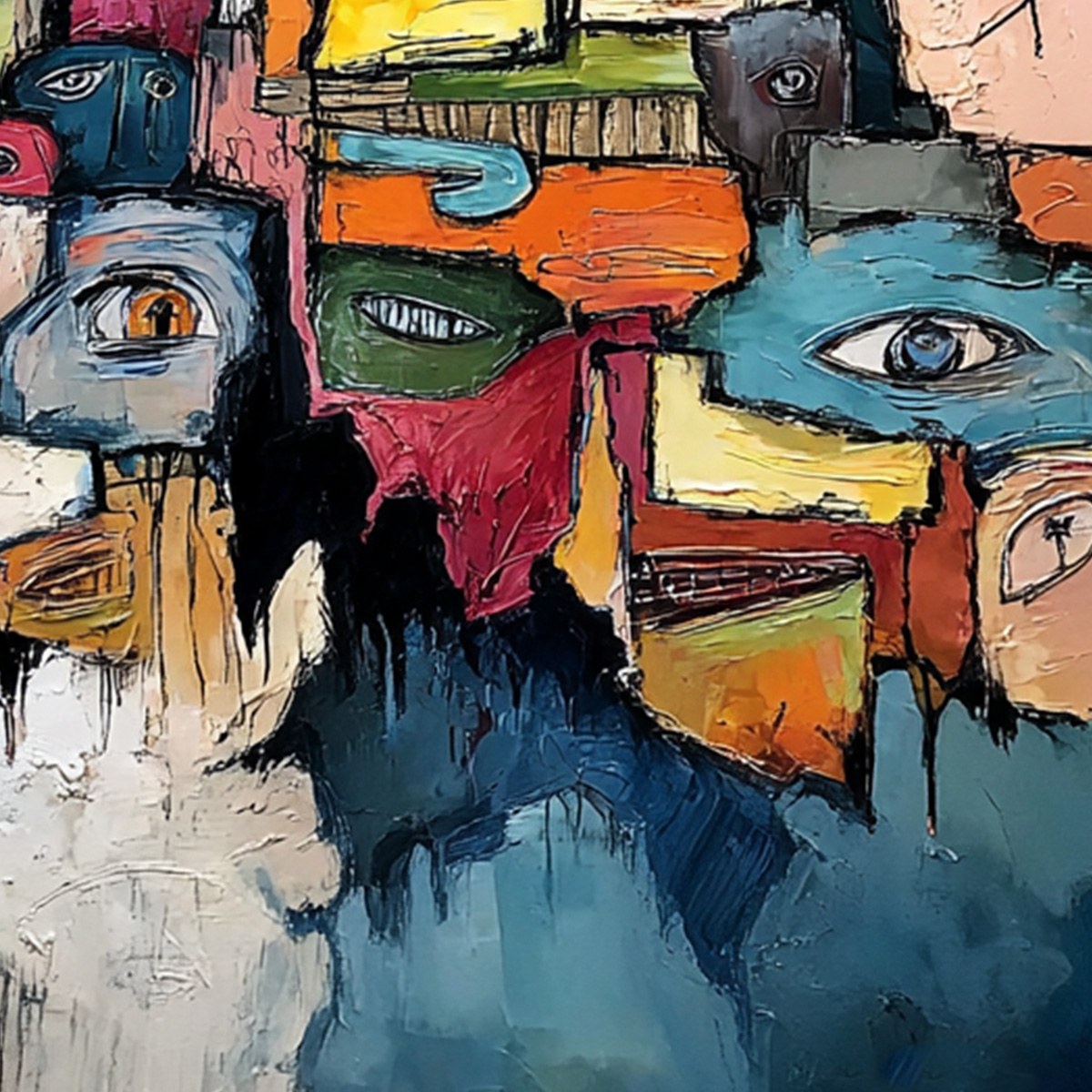 KALEIDOSCOPE OF SOULS: Large Colorful Abstract Faces Oil Painting