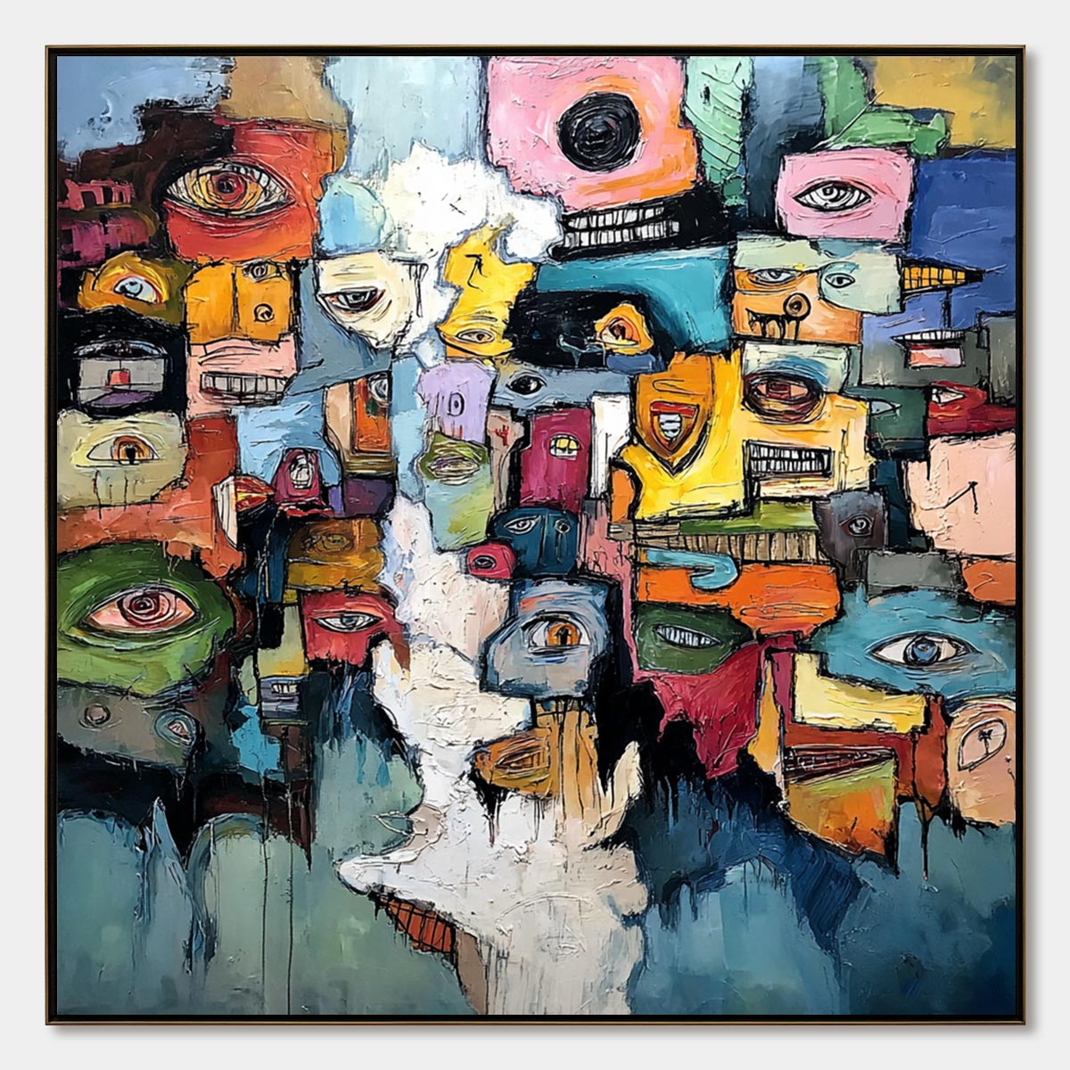 KALEIDOSCOPE OF SOULS: Large Colorful Abstract Faces Oil Painting