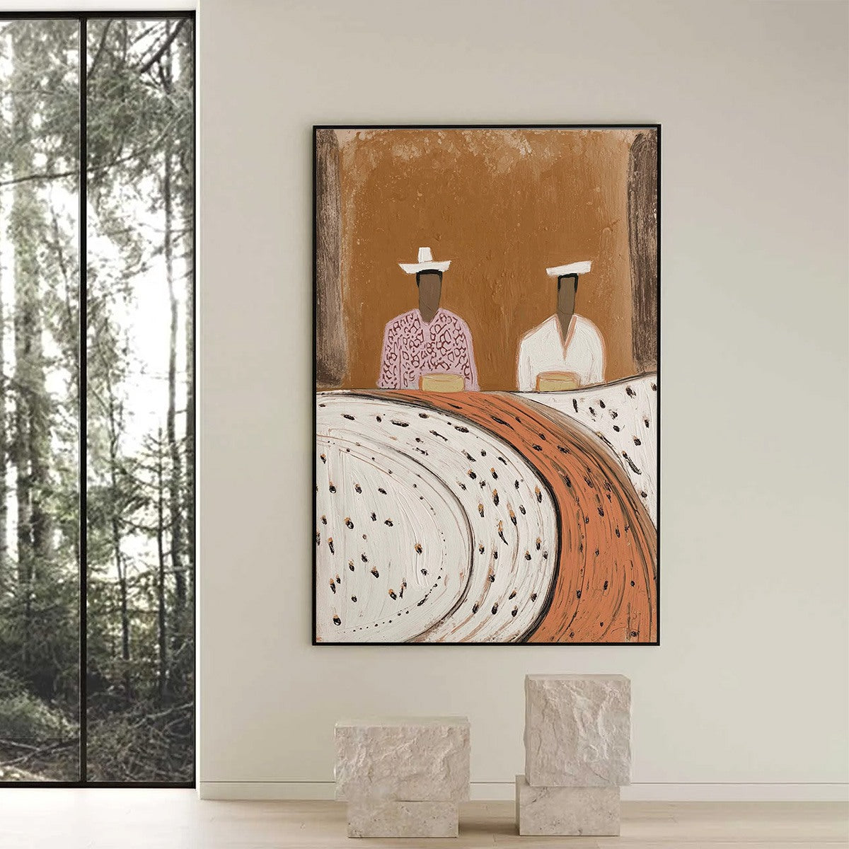Textured Wabi-Sabi abstract portrait painting of two figures, original acrylic wall art.
