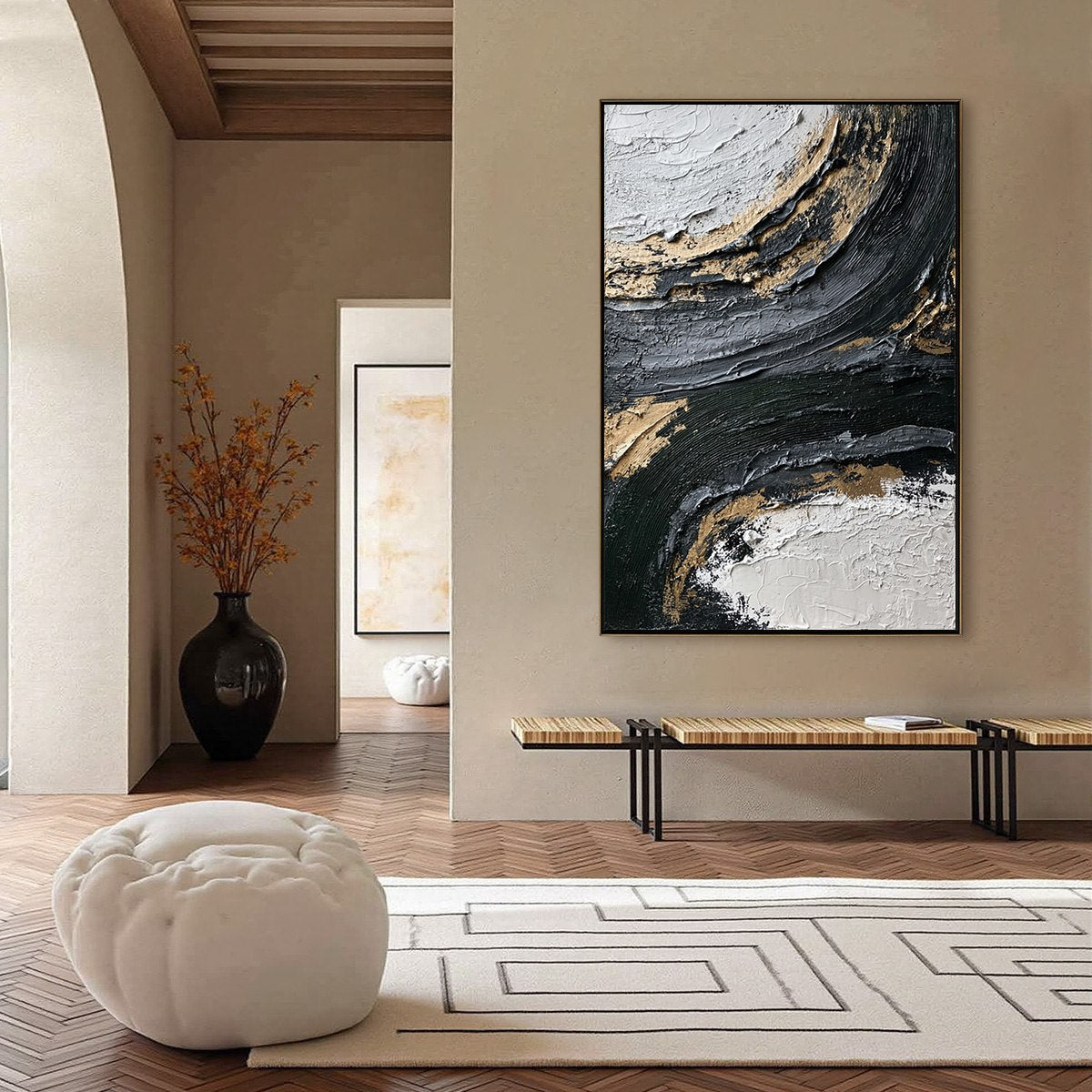 KINTSUGI RIFT: Textured Wabi Sabi Abstract Painting in Black and Gold