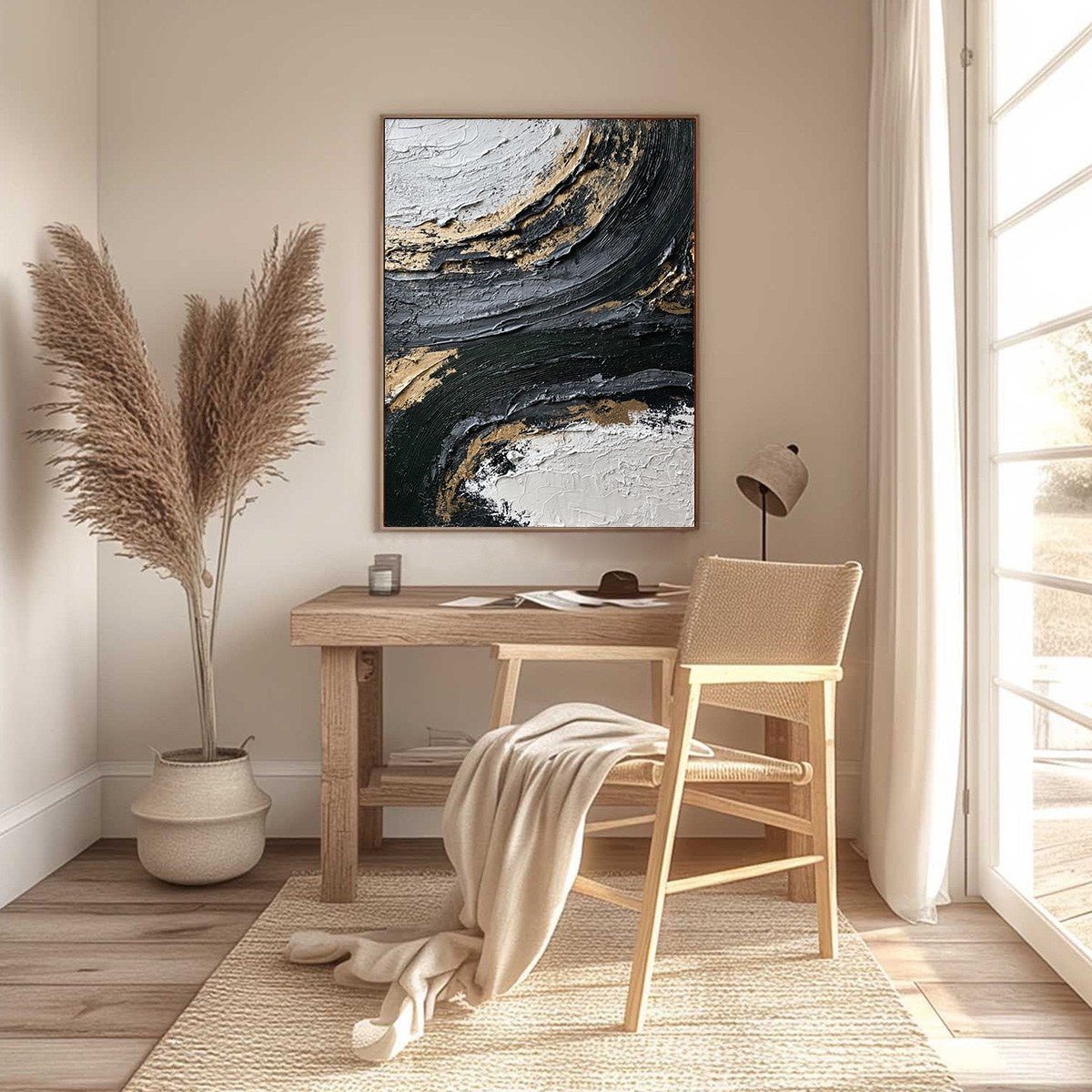 KINTSUGI RIFT: Textured Wabi Sabi Abstract Painting in Black and Gold