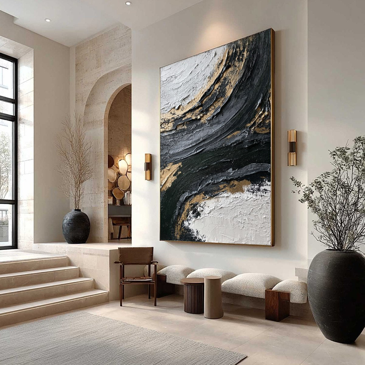 KINTSUGI RIFT: Textured Wabi Sabi Abstract Painting in Black and Gold