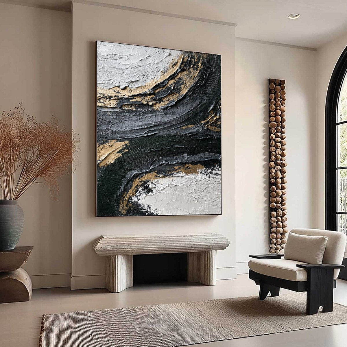 KINTSUGI RIFT: Textured Wabi Sabi Abstract Painting in Black and Gold