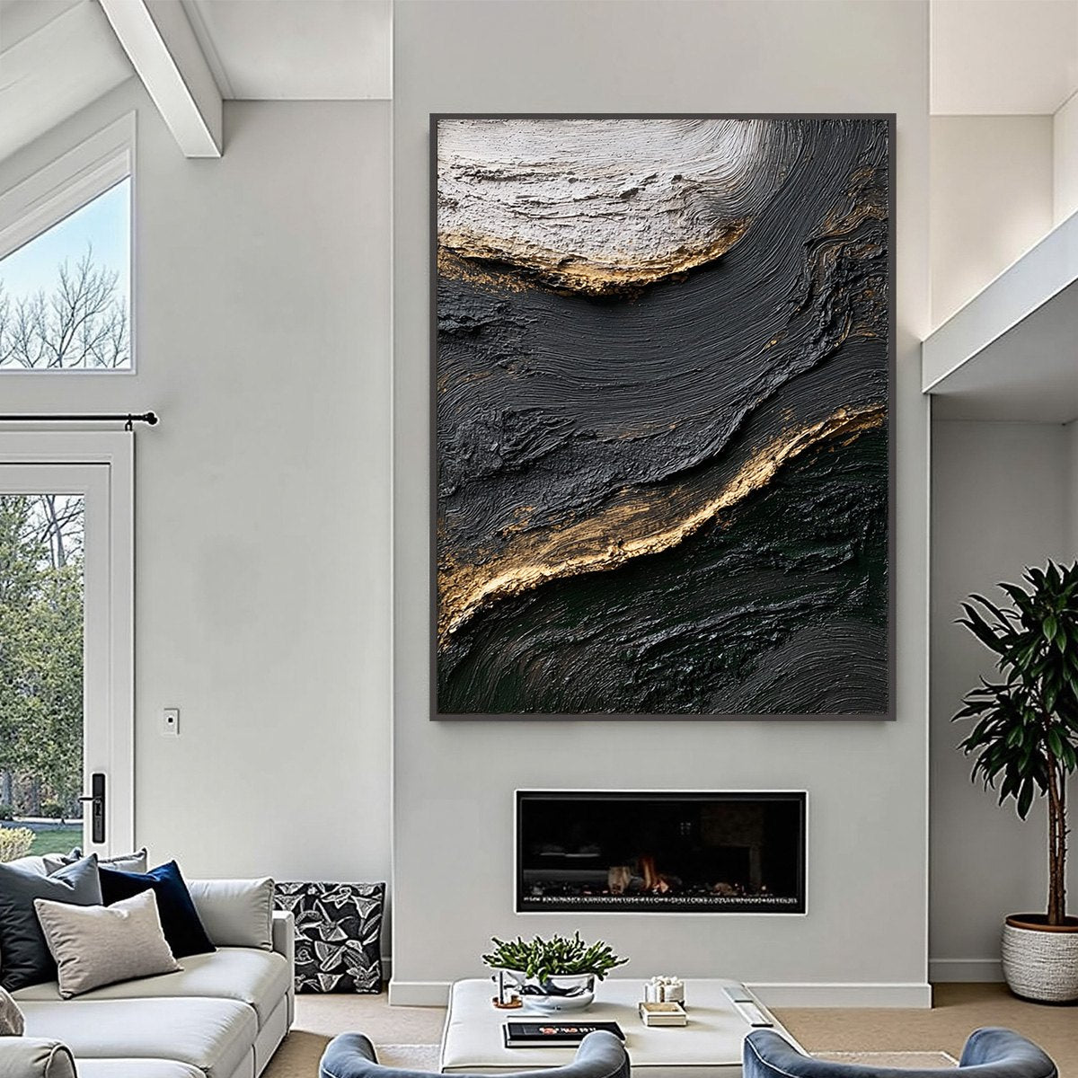 KINTSUGI RIVER: Wabi Sabi Textured Abstract Art in Black, White, and Gold