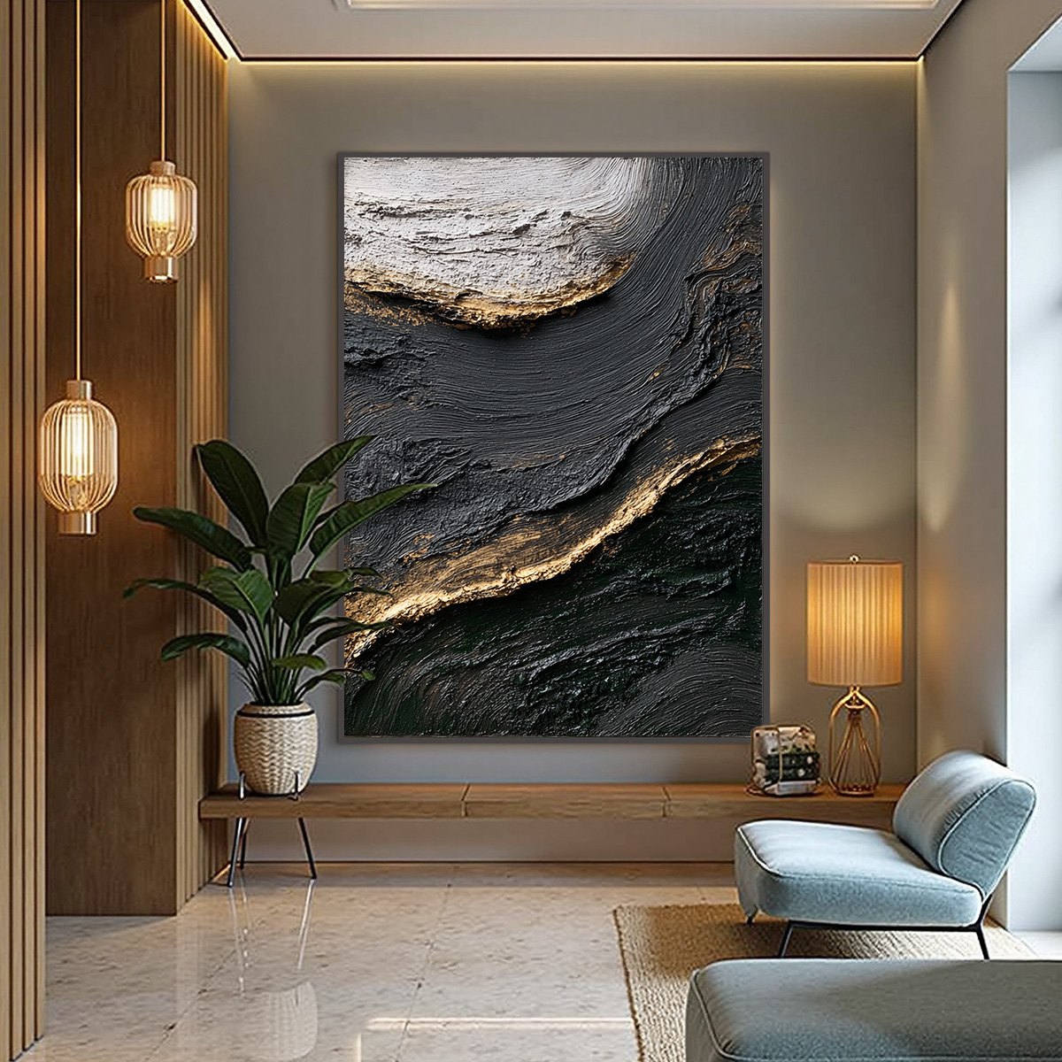 KINTSUGI RIVER: Wabi Sabi Textured Abstract Art in Black, White, and Gold