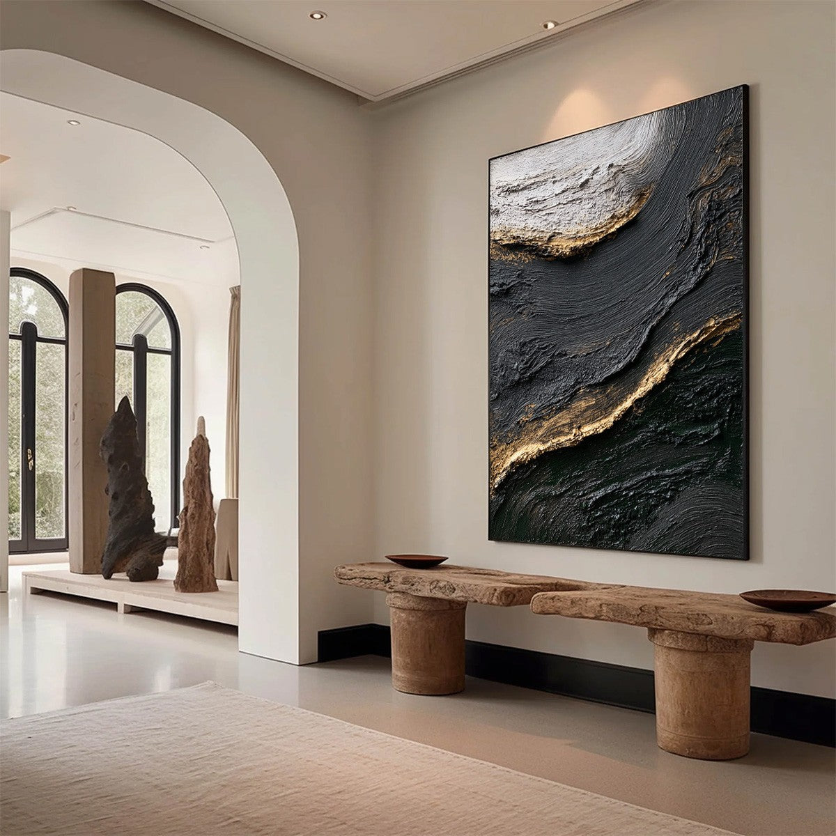 KINTSUGI RIVER: Wabi Sabi Textured Abstract Art in Black, White, and Gold