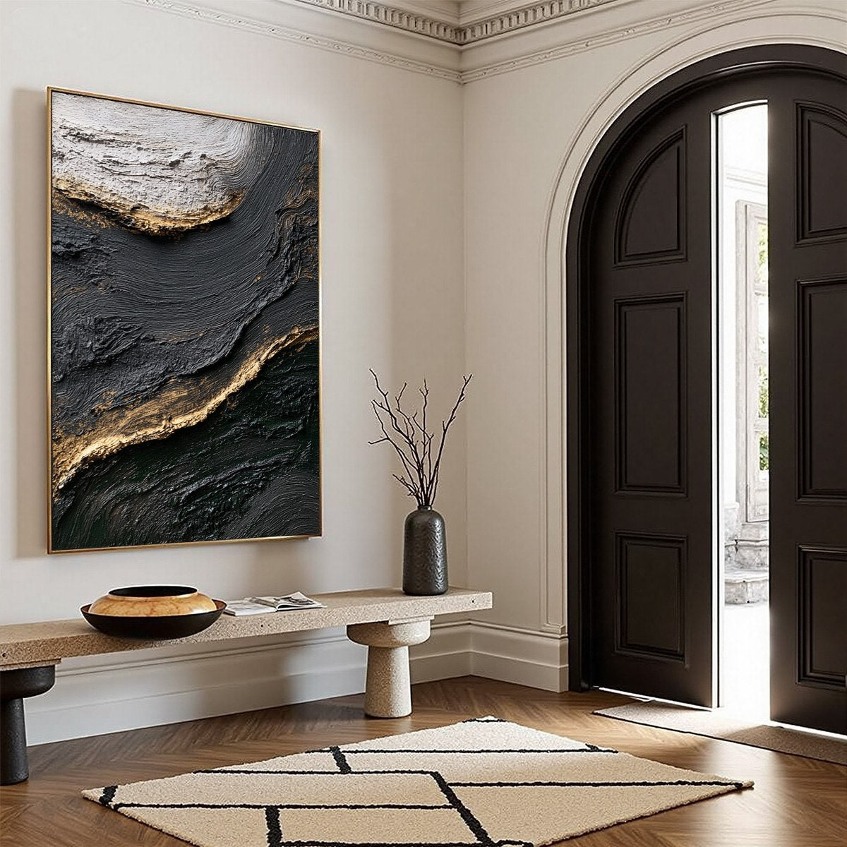 KINTSUGI RIVER: Wabi Sabi Textured Abstract Art in Black, White, and Gold