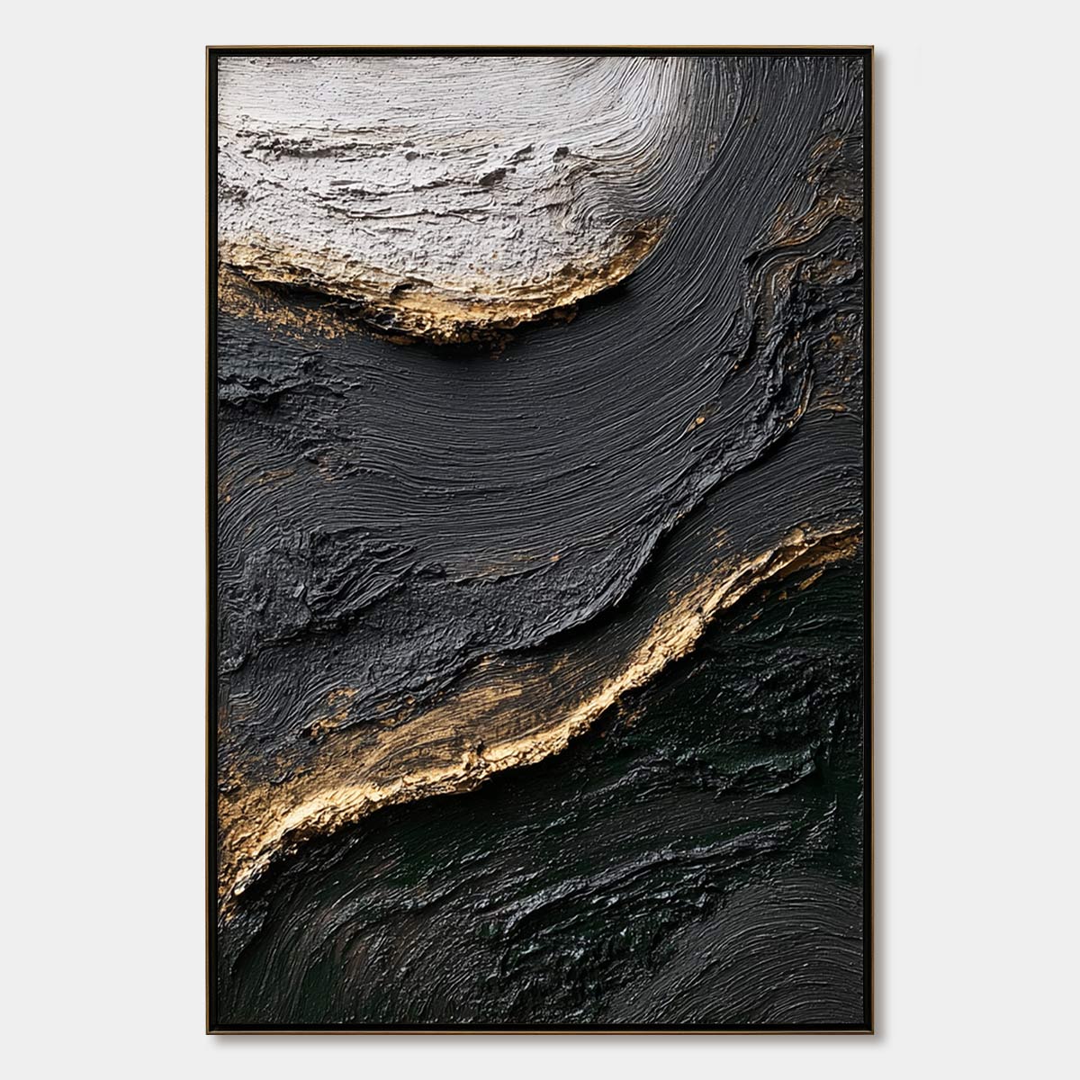 KINTSUGI RIVER: Wabi Sabi Textured Abstract Art in Black, White, and Gold
