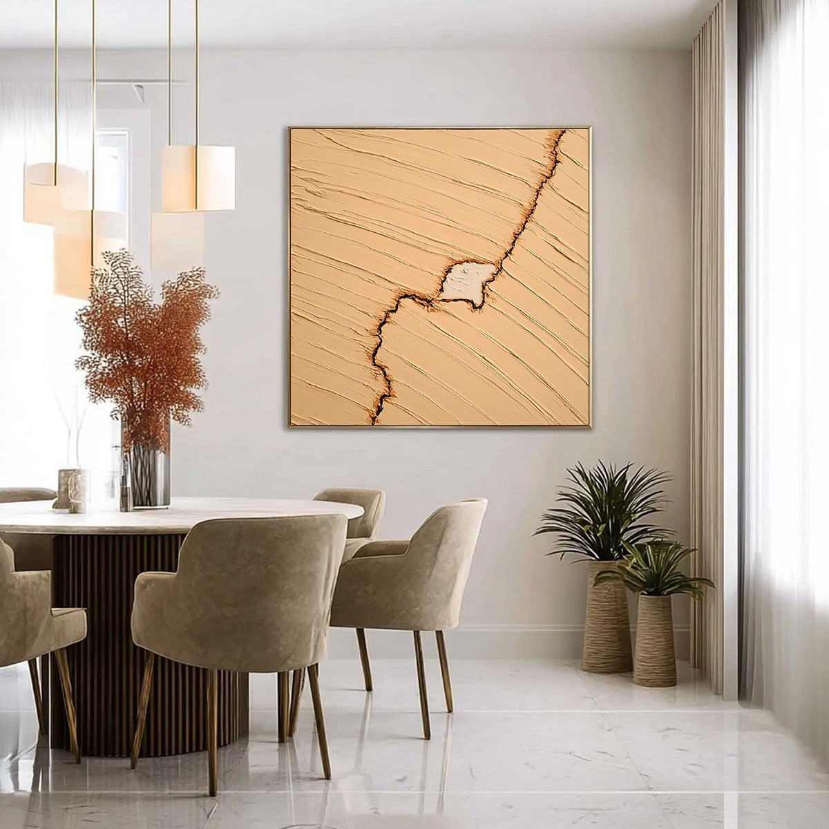 Kintsugi textured impasto abstract painting: beige, fissure, modern wall art