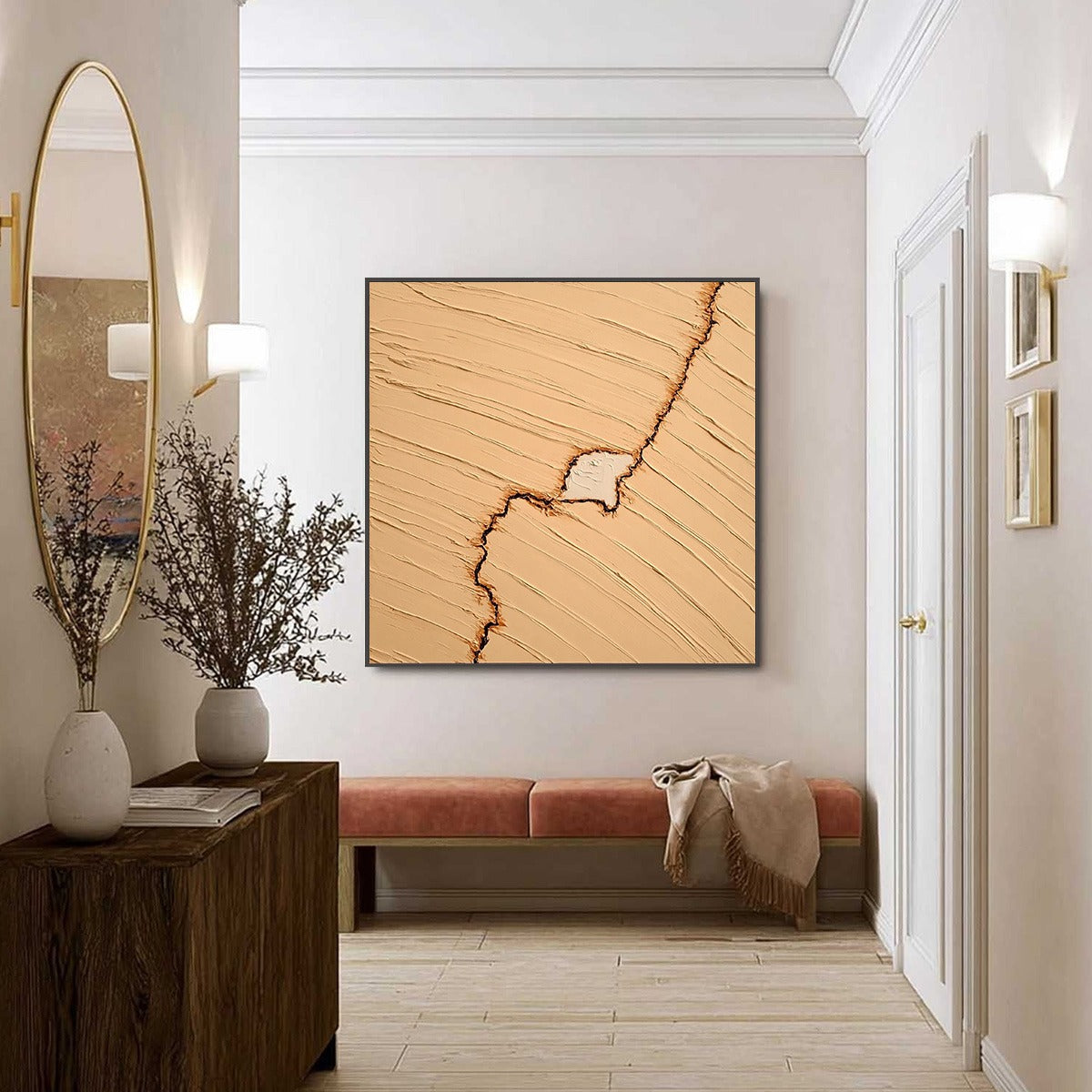 Original Kintsugi impasto abstract painting, beige textured surface, modern wall art.