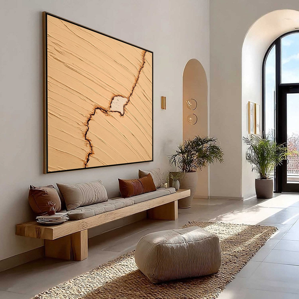 Original textured impasto abstract wall art 'Kintsugi' in beige with fissure.