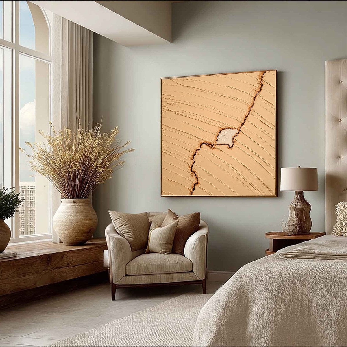 Textured impasto abstract painting, beige with fissure, original handmade wall art.