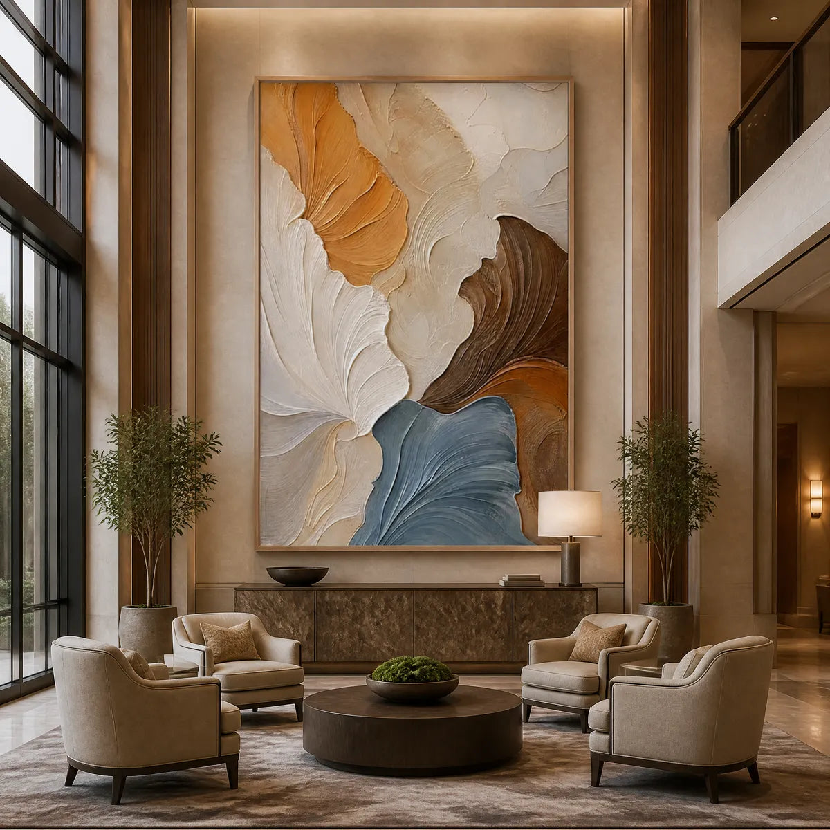 Large-scale abstract oil painting with raised palette knife texture, showcased in a contemporary living room.