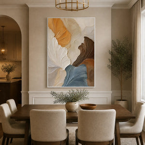 Hand-painted abstract oil painting with bold palette knife texture, displayed in a modern dining room setting.