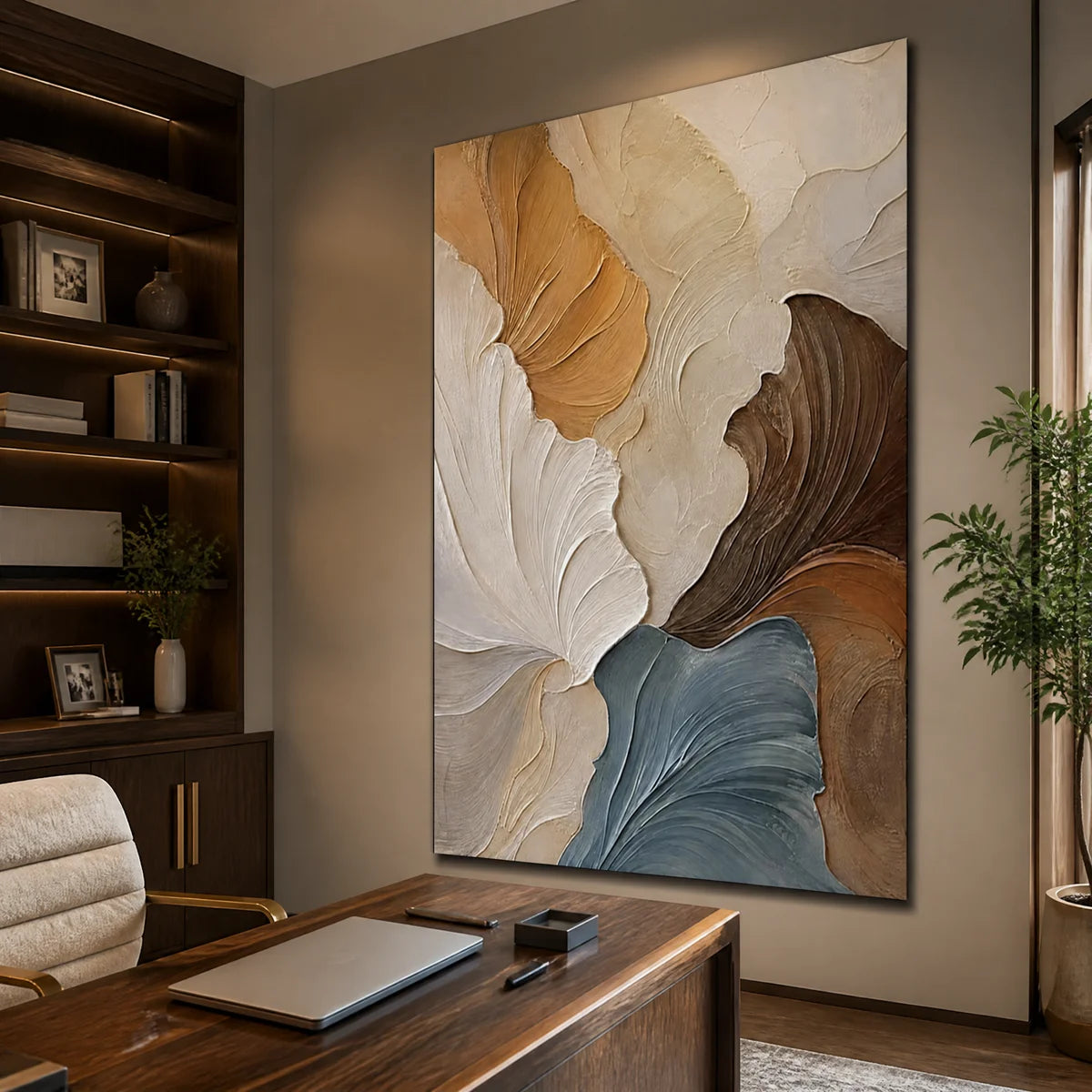 Textured abstract canvas art featuring sweeping palette knife strokes, hanging in a professional home office.