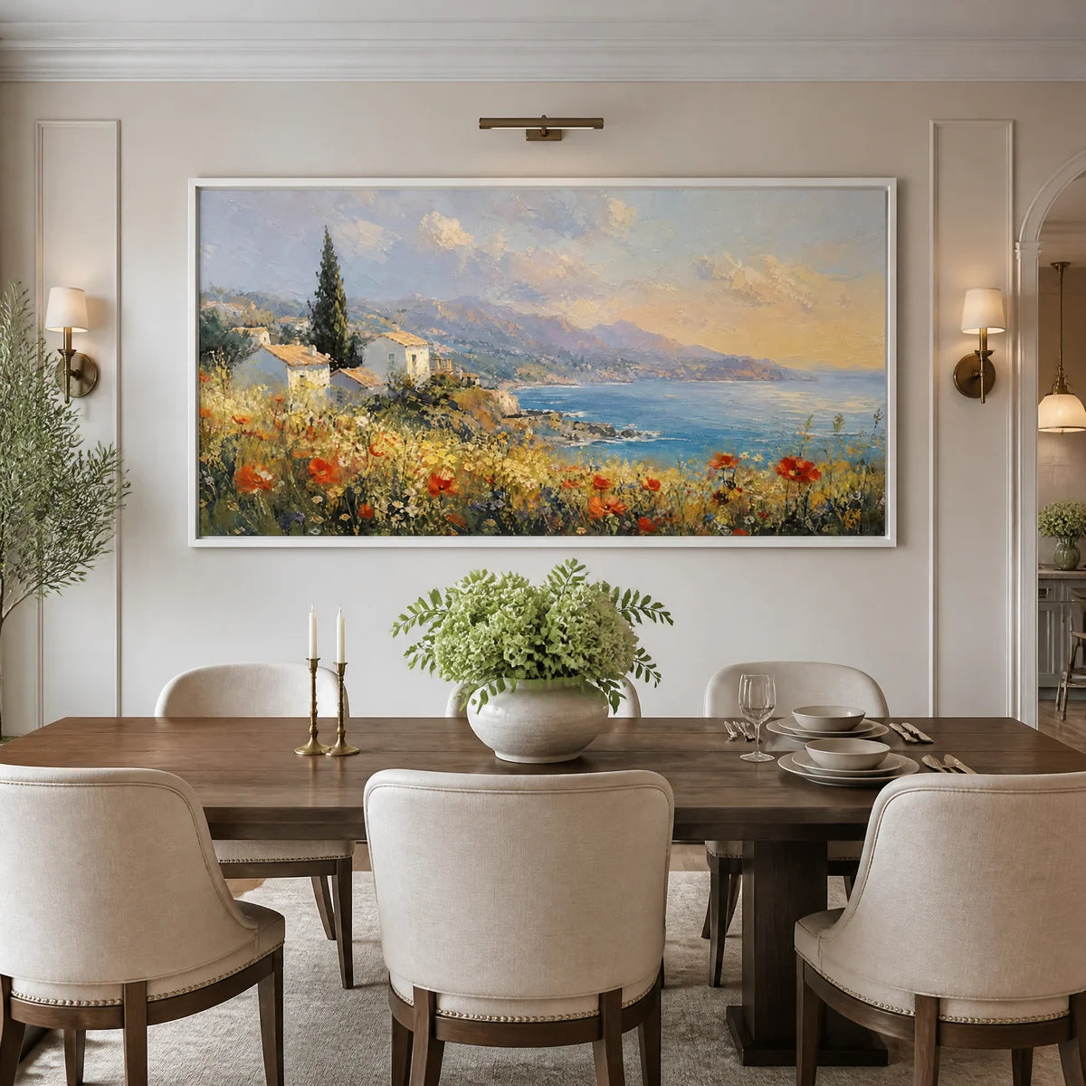 Large-scale coastal landscape oil painting featuring houses and poppies, displayed in a luxury dining room.