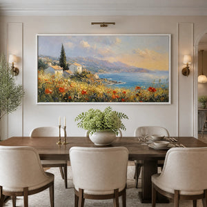 Large-scale coastal landscape oil painting featuring houses and poppies, displayed in a luxury dining room.