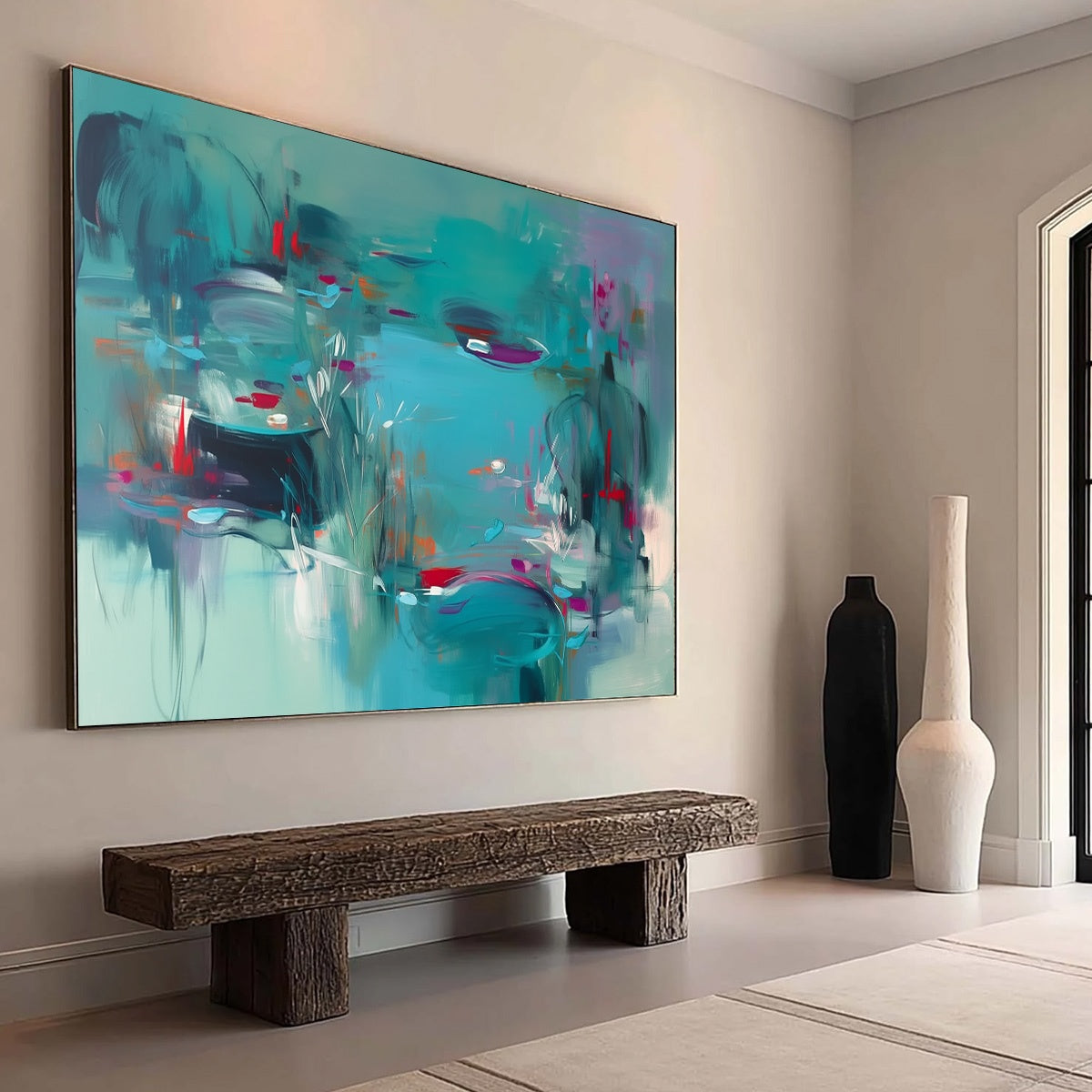 LILAC REVERIE: Modern Abstract Waterscape Painting in Teal and Red