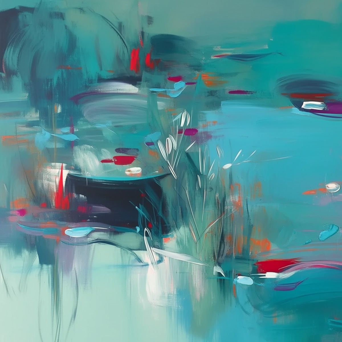 LILAC REVERIE: Modern Abstract Waterscape Painting in Teal and Red