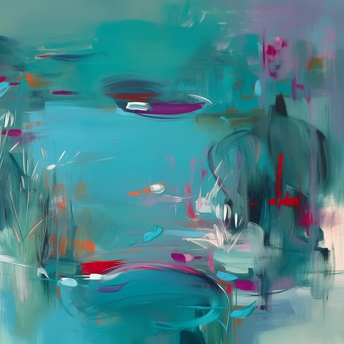 LILAC REVERIE: Modern Abstract Waterscape Painting in Teal and Red