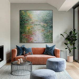 LILY POND REVERIE: Square Impressionist Water Lily Pond Oil Painting