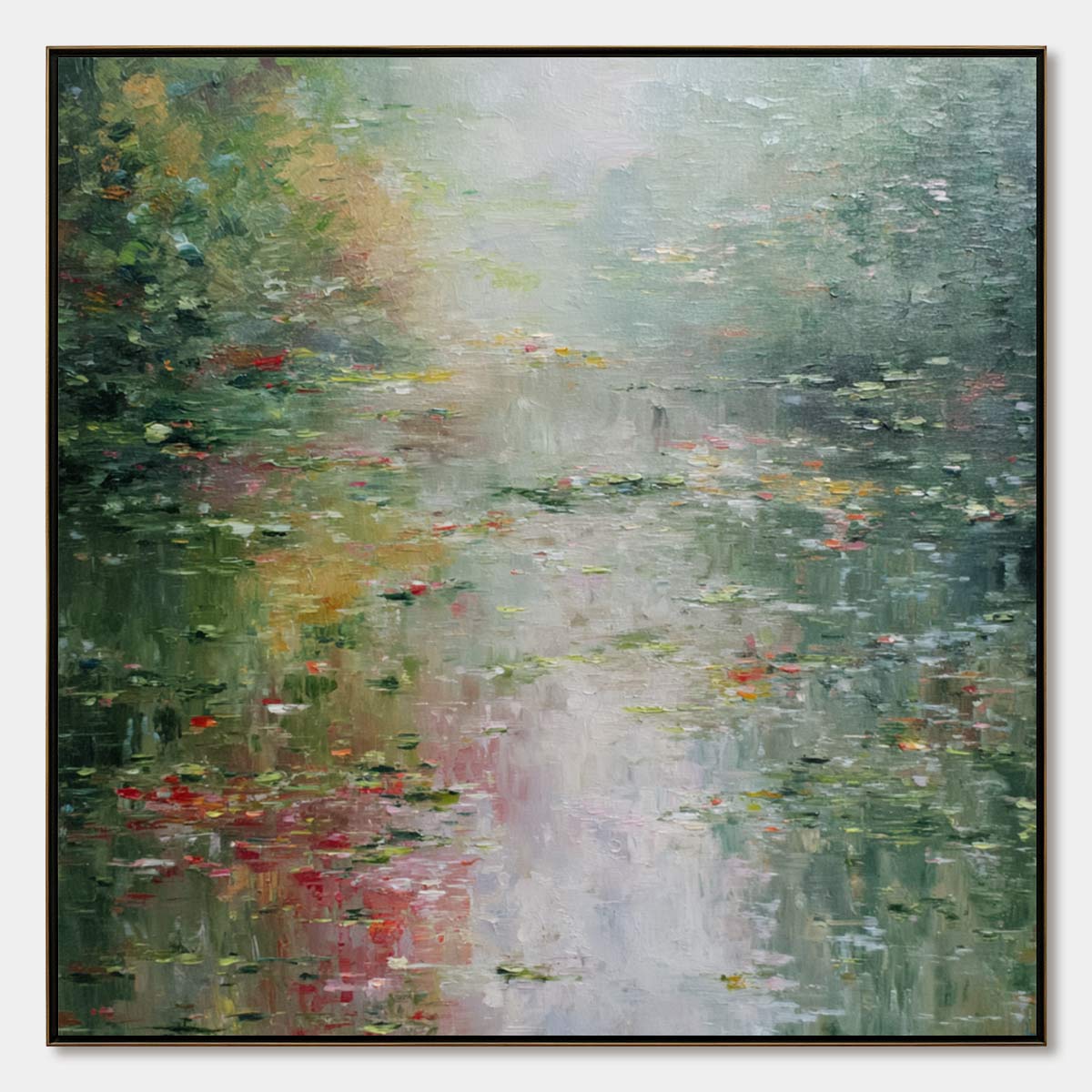 LILY POND REVERIE: Square Impressionist Water Lily Pond Oil Painting