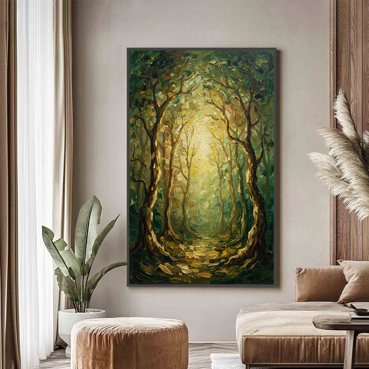 LUMINOUS TRAIL: Textured Impasto Forest Path Oil Painting