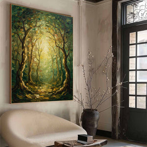 LUMINOUS TRAIL: Textured Impasto Forest Path Oil Painting