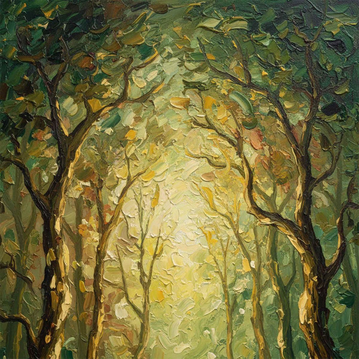LUMINOUS TRAIL: Textured Impasto Forest Path Oil Painting
