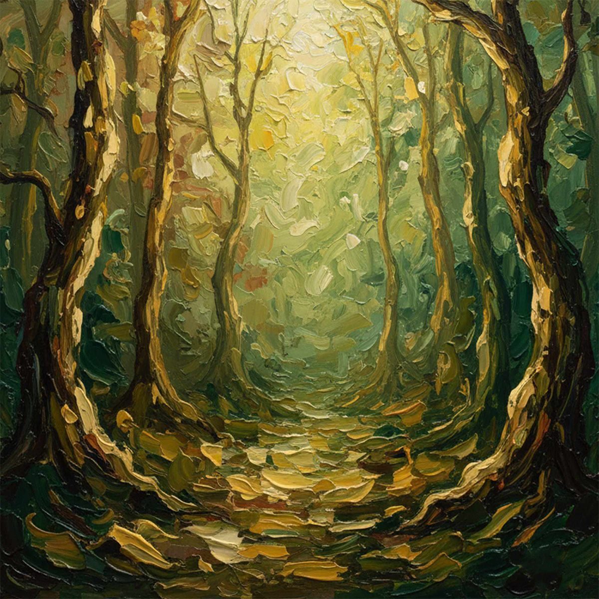 Luminous Trail: Textured Impasto Forest Oil Painting – MontCarta