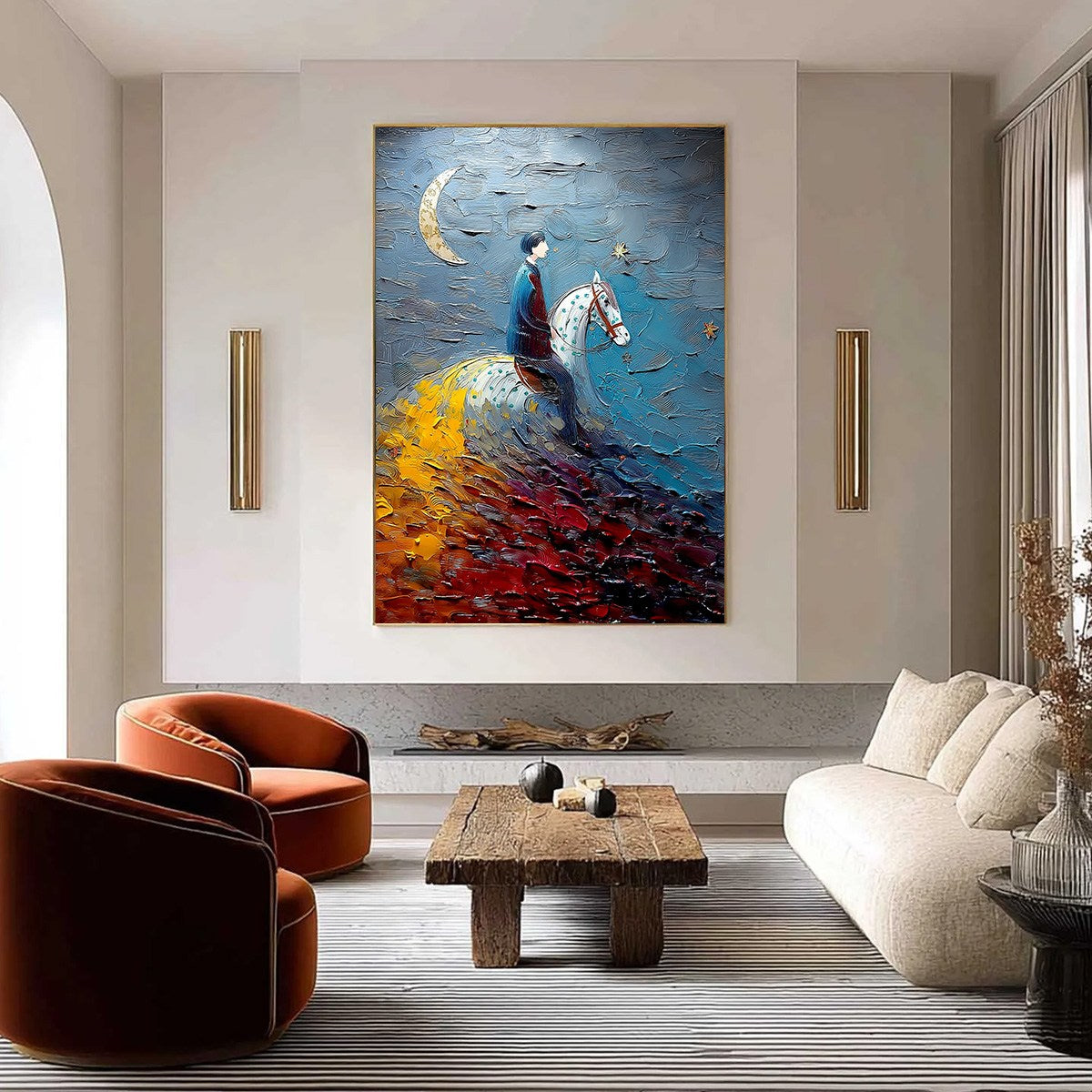 LUNAR JOURNEY: Textured Figurative Painting of a Rider Under the Moon