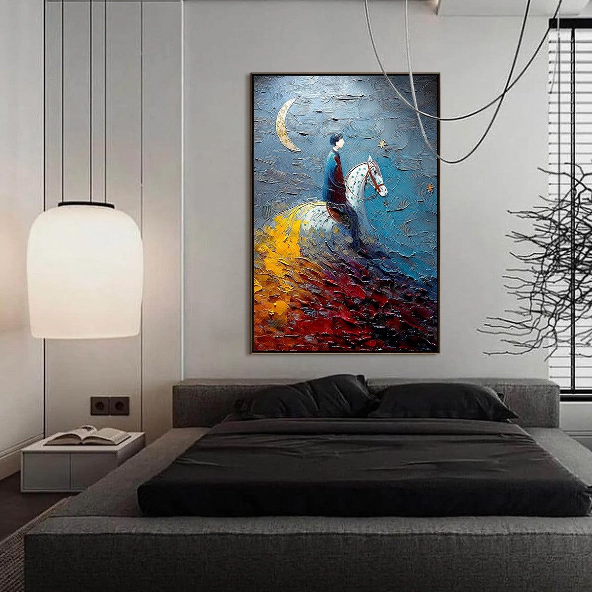 LUNAR JOURNEY: Textured Figurative Painting of a Rider Under the Moon