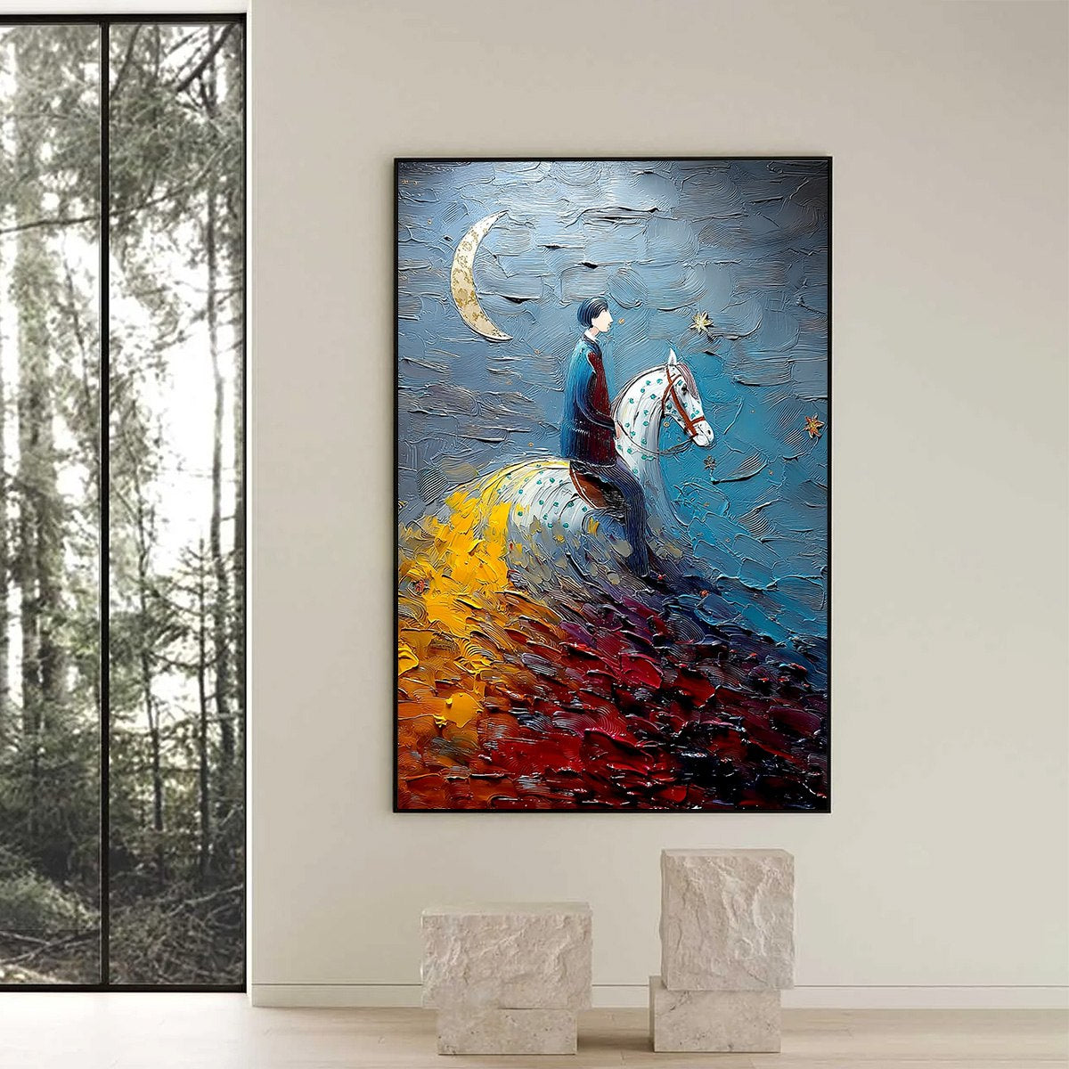 LUNAR JOURNEY: Textured Figurative Painting of a Rider Under the Moon