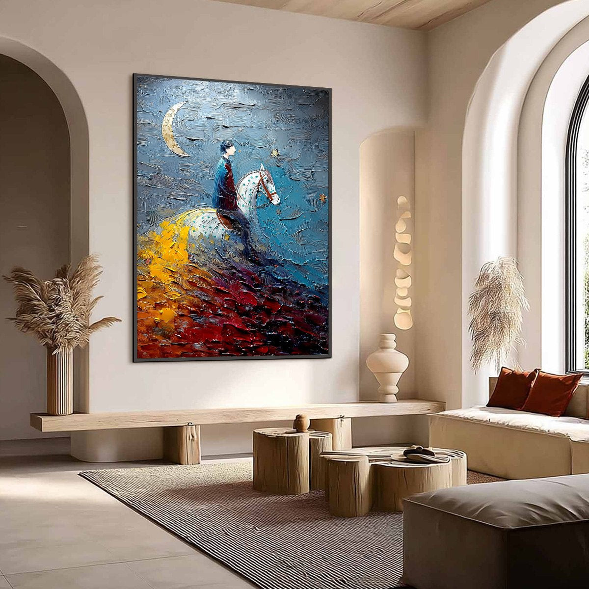 LUNAR JOURNEY: Textured Figurative Painting of a Rider Under the Moon