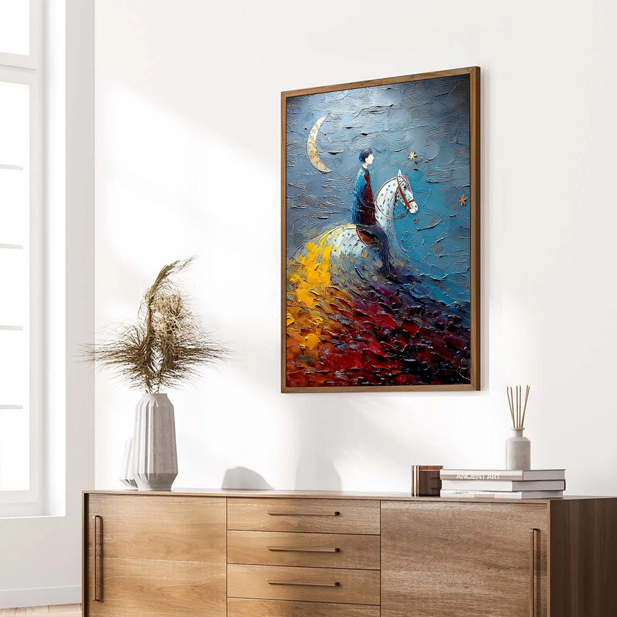 LUNAR JOURNEY: Textured Figurative Painting of a Rider Under the Moon