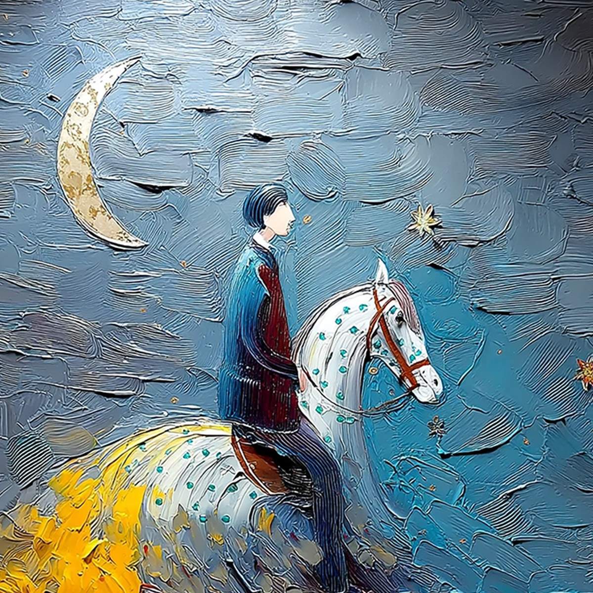 LUNAR JOURNEY: Textured Figurative Painting of a Rider Under the Moon