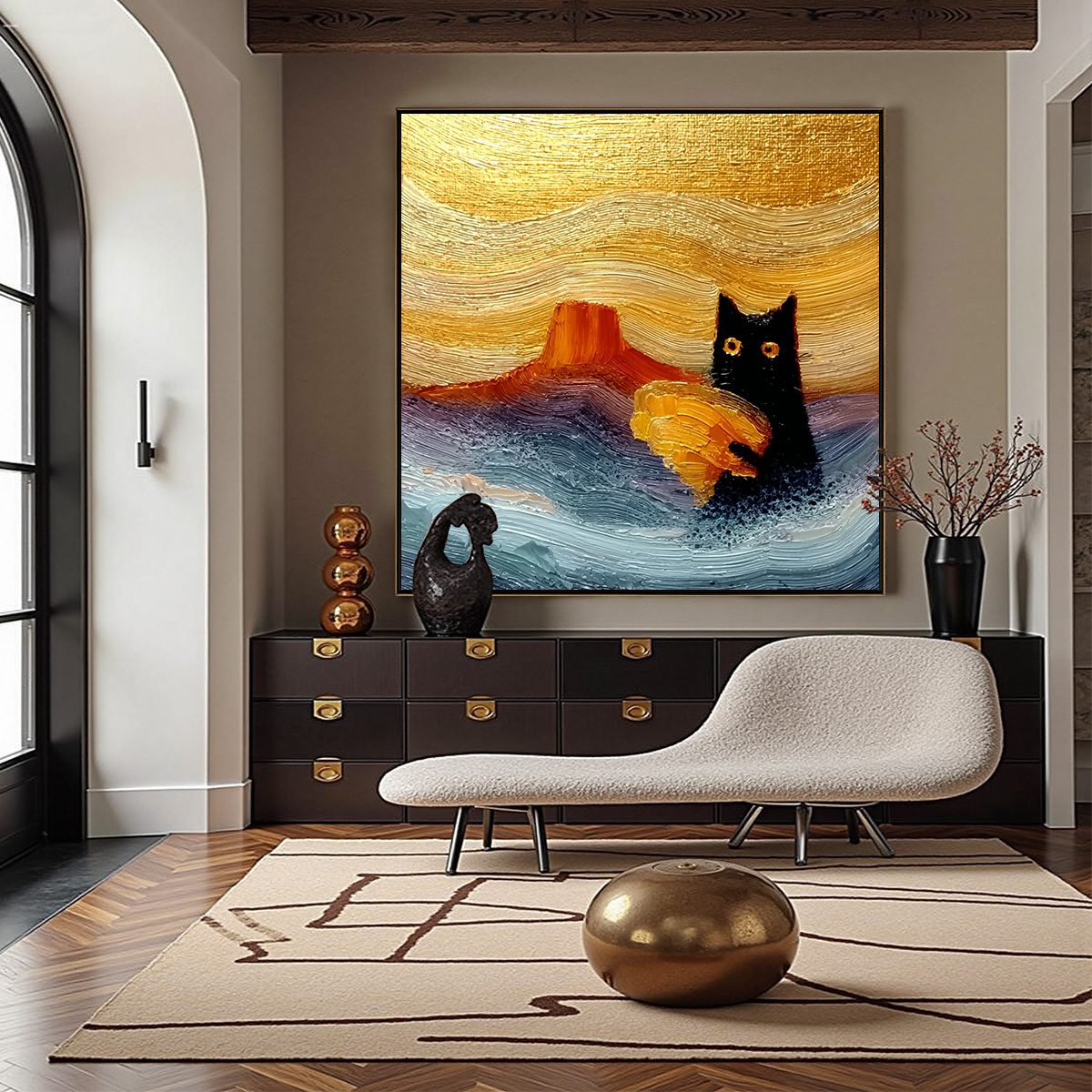 絵画 blackcat LUNAR THIEF: Textured Black Cat Impasto Oil Painting Wall Art