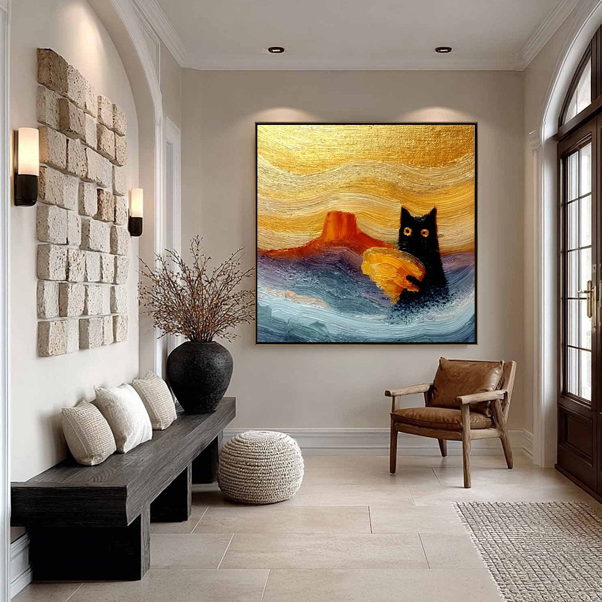 LUNAR THIEF: Textured Black Cat Impasto Oil Painting Wall Art