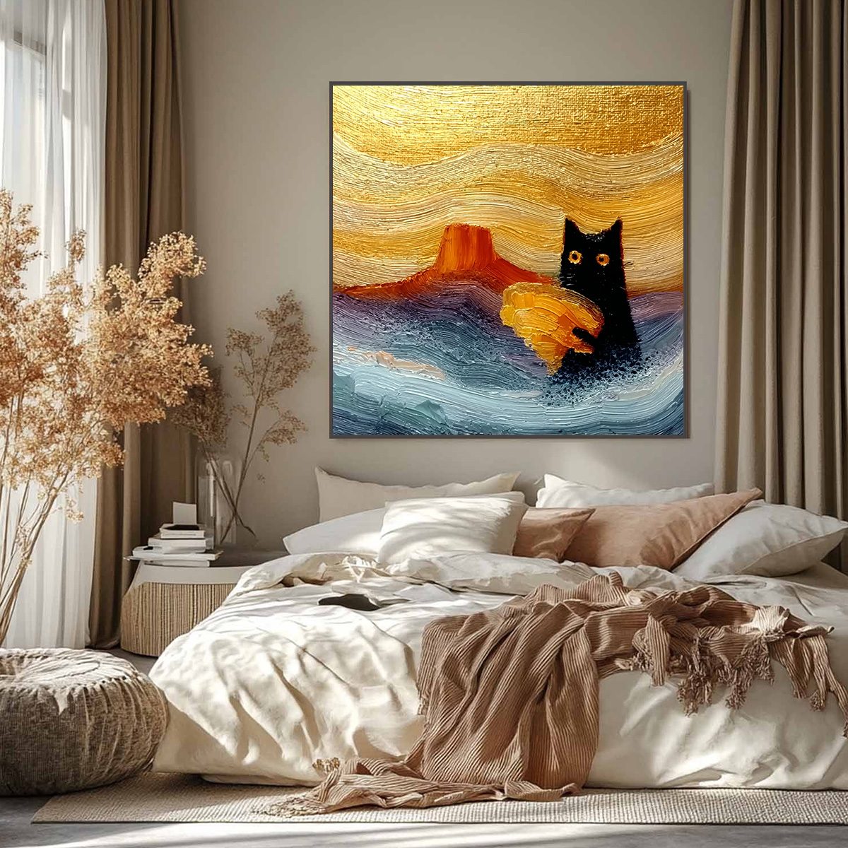 LUNAR THIEF: Whimsical Black Cat Impasto Texture Painting