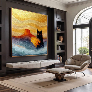 LUNAR THIEF: Whimsical Black Cat Impasto Texture Painting