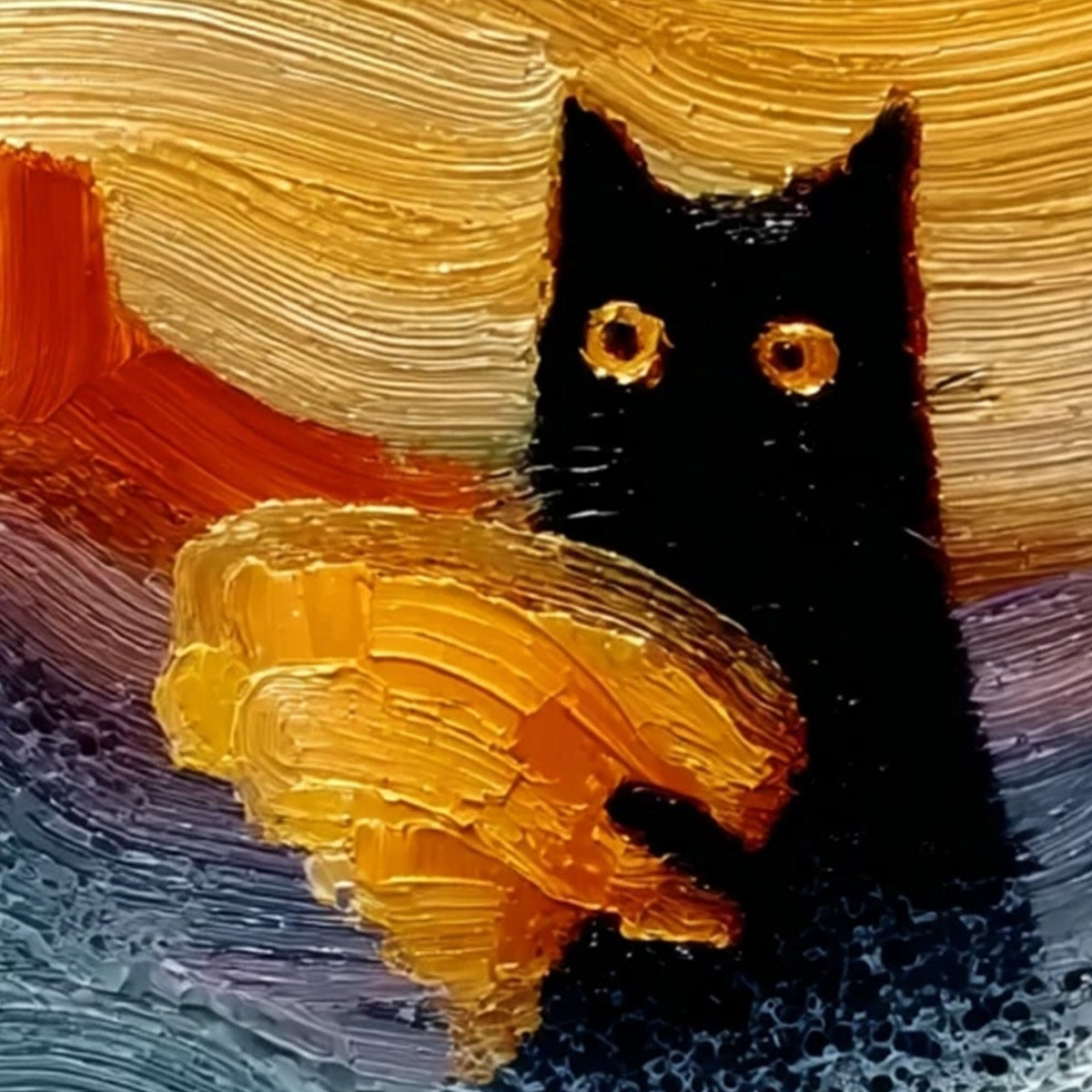 LUNAR THIEF: Whimsical Black Cat Impasto Texture Painting