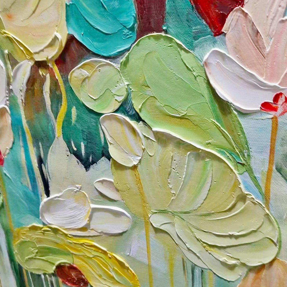 LUSH GARDEN: Textured Floral Painting, Green and White Wall Art, Vertical Canvas, Impressionist Decor