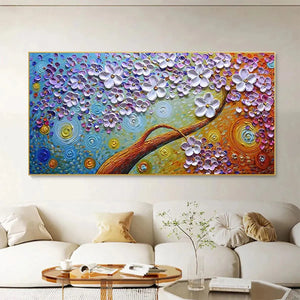 Lilac Dream impasto floral art: distinct texture, vibrant purple and gold hues, displayed in a modern living room setting.