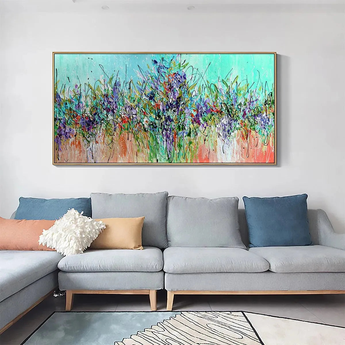 Lilac Meadow: Panoramic Floral Impasto Oil Painting on Canvas