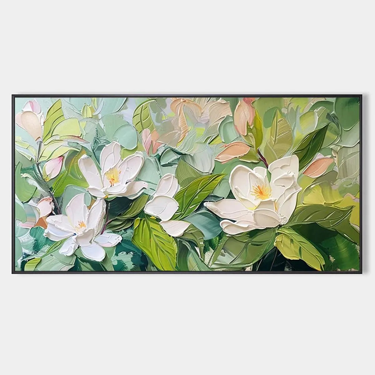 Textured Floral Painting, Impasto Wall Art, Horizontal Canvas, Magnolia Decor