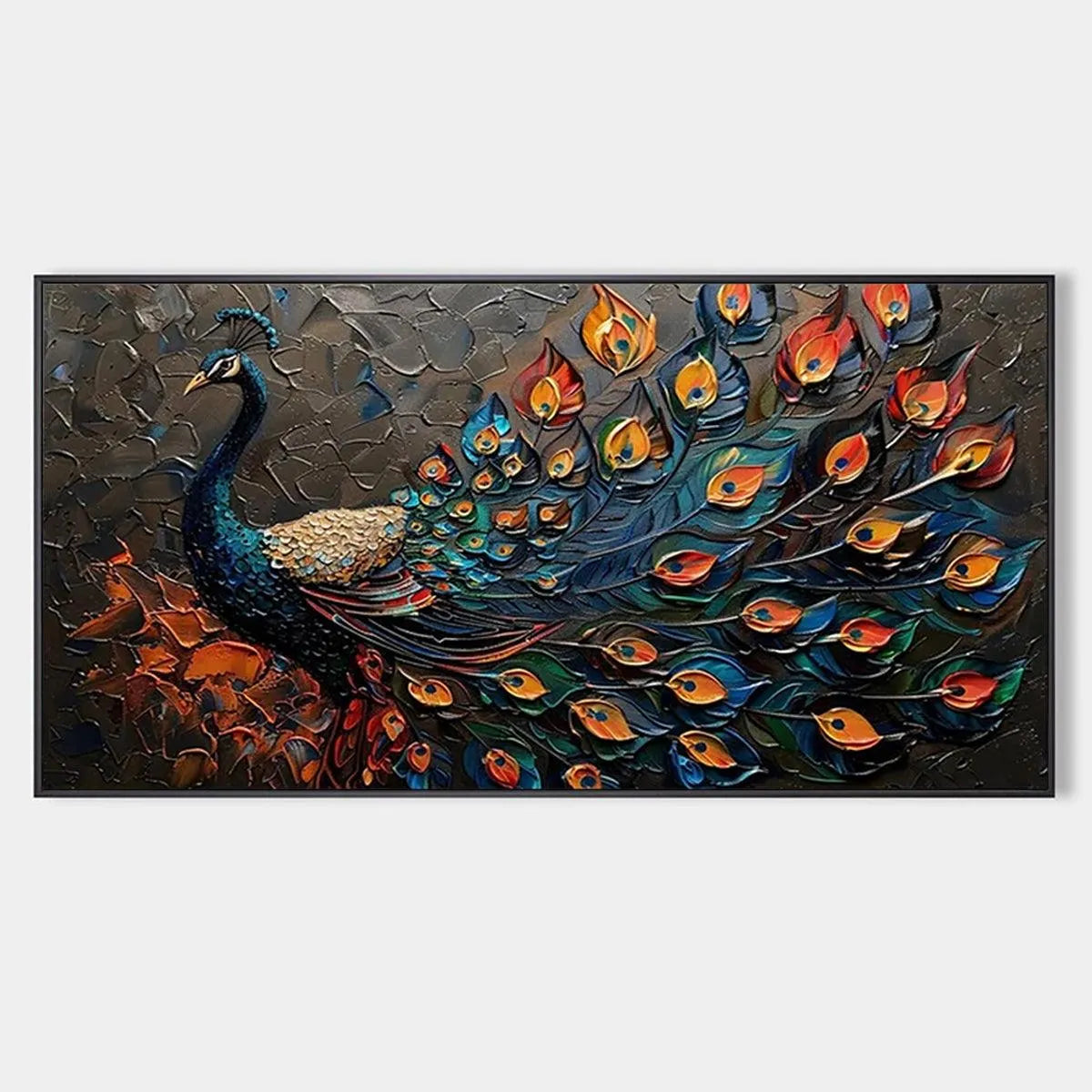 Textured Peacock Painting, Impasto Wall Art, Horizontal Canvas, Animal Decor