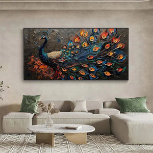 Majestic Plumage: Textured Peacock Painting | Impasto Wall Art | Horizontal Canvas | Animal Decor